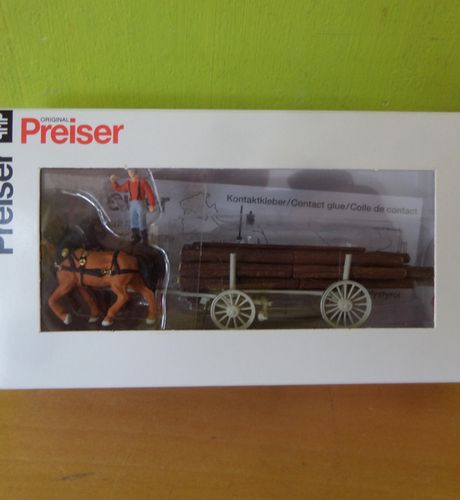 Preiser H0 30465 Paarden en houtwagen